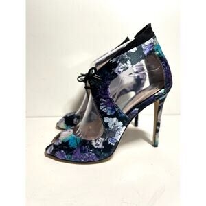 Monique Lhuillier NEW Black/Purple Floral 4.25" Heel Peep Toe Shoe 38.5 8.5 US